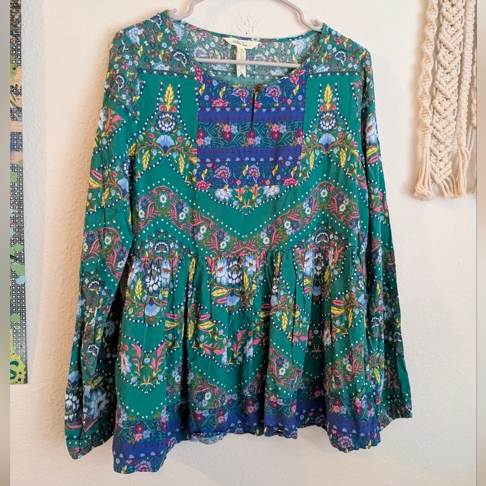 Matilda Jane Womens Evergreen Top Blouse Green Boho Pattern Make Believe Size M